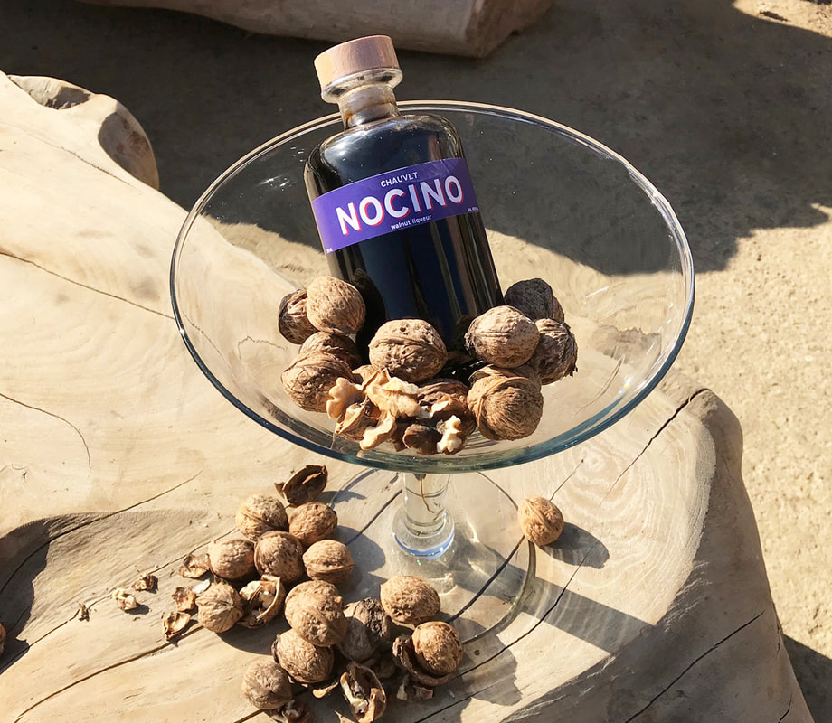 Nocino in large martini glass of walnuts