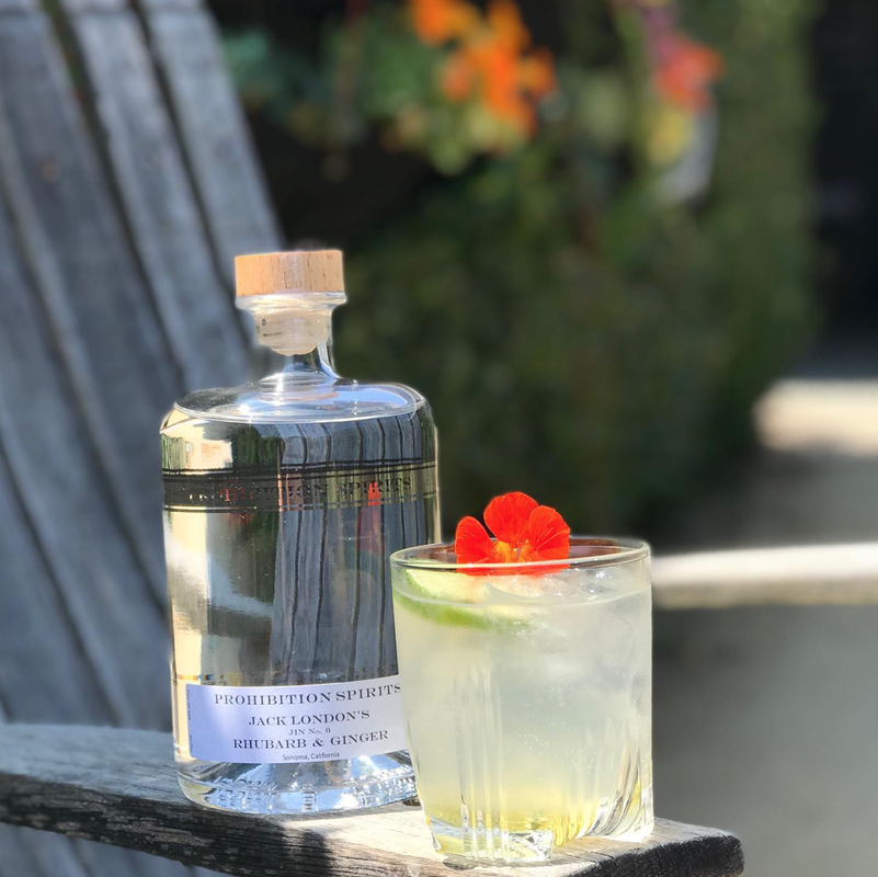 Gin bottle and Gin Ricky cocktail on wooden chair